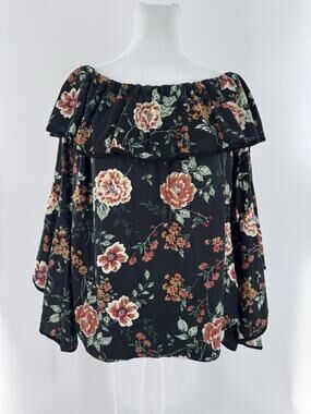 Roommates Blouse Sz L Floral Ruffle Off Shoulder Flounce Fairy Bell Sleeves NWT